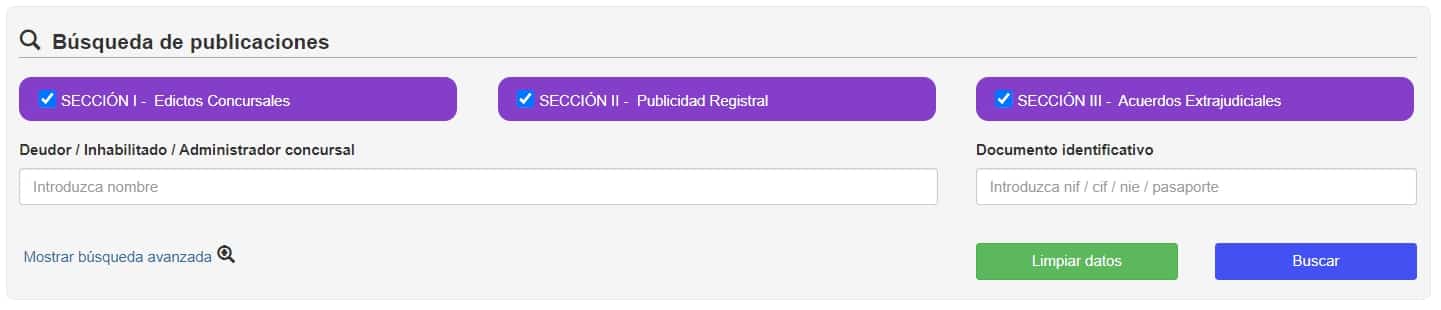 Formulario de búsqueda del Registro Público Concursal